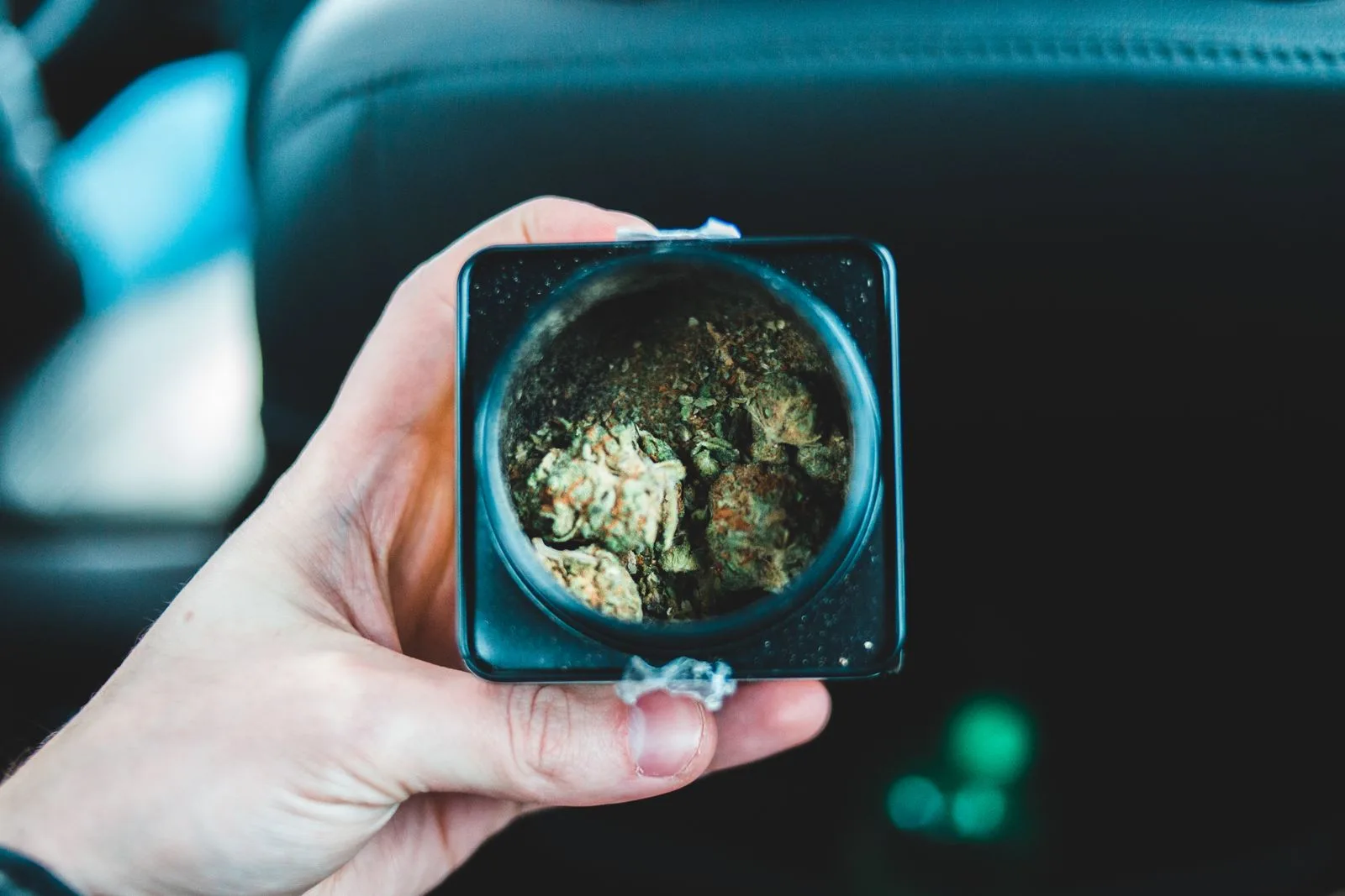 Hand hält Behälter mit Cannabisblüten im Auto – THC-Grenzwert am Steuer